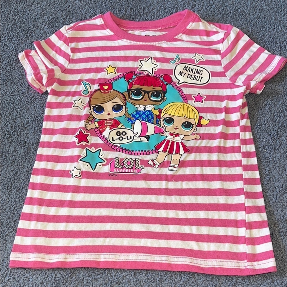 L.O.L. Surprise! Pink and White Short Sleeve Tee with Cartoon Graphics